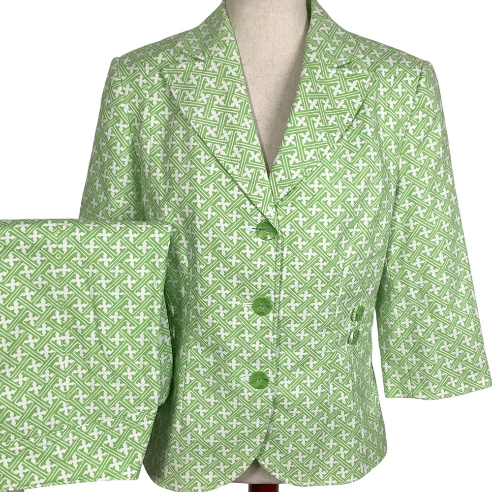 Amanda Smith Suit Blazer 10 Skirt 8 Green White Geometric Stretch Cotton